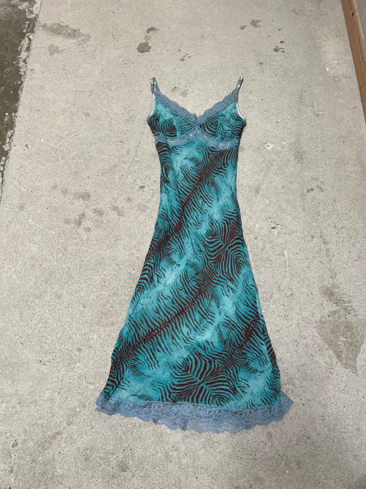 BROWN AND BLUE ZEBRA PRINT MAXI DRESS